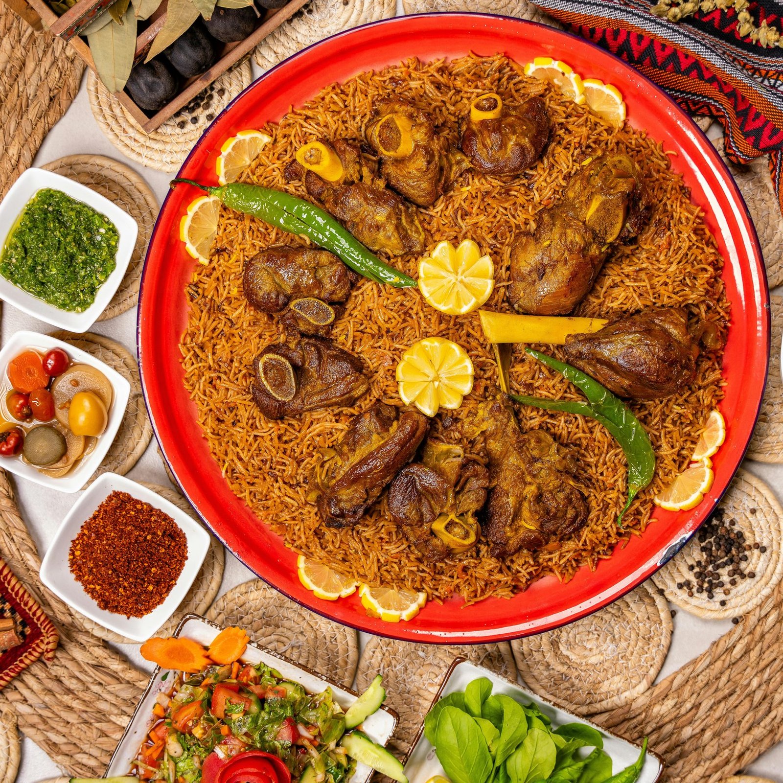 Al Zayt Mandi: fragrant rice slow-cooked beneath smoke-infused lamb, served on a traditional red platter with lemon and green chilli