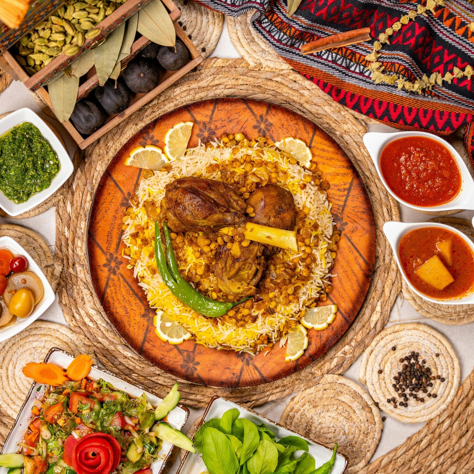 Madghoot Yemeni rice with lentils, raisins, and slow-cooked lamb shank, served with chimichurri, tomato sauce, and pickles
