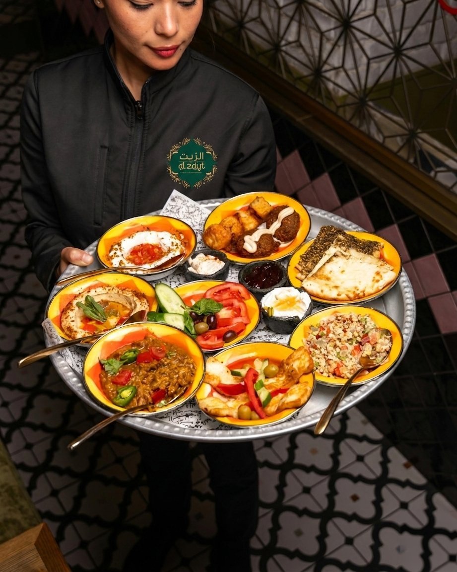 Al Zayt server presenting an Arabic mezze platter with houmous, falafel, halloumi, and fresh salads
